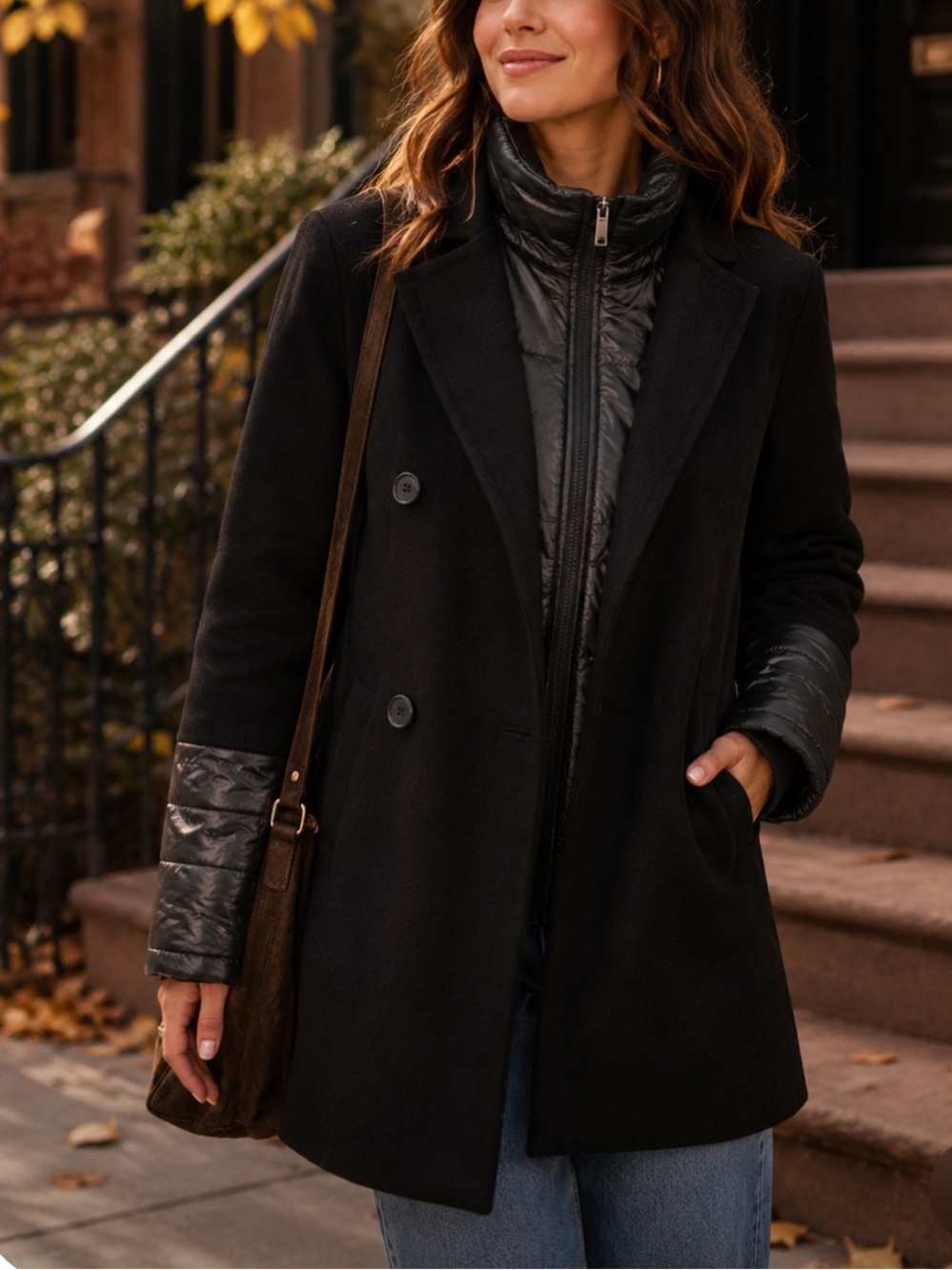 French Connection Black Coat with Quilted Puffer Details